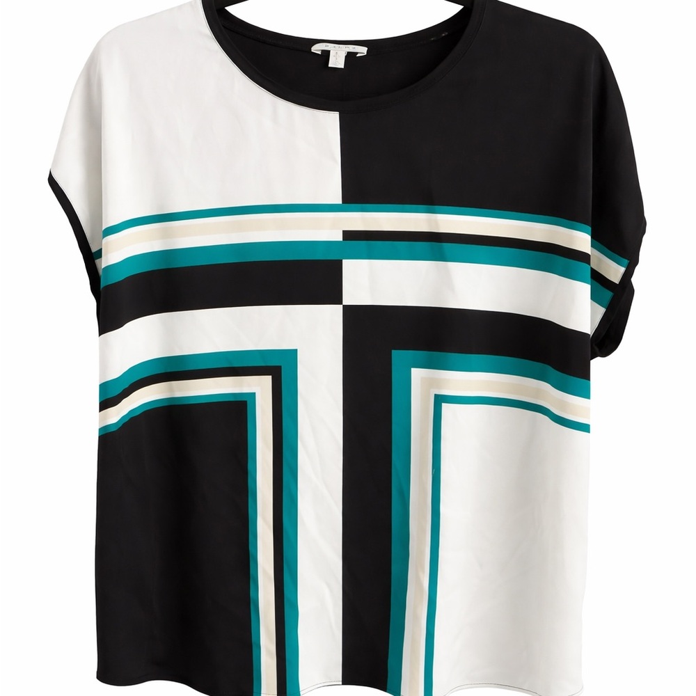 Chic Black and White Blouse with Teal Stripes